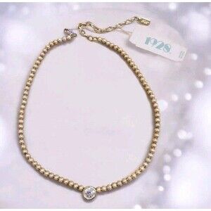 1928 Gold Tone Florentine Swirl Bead Fancy Beaded Center Bezel Crystal Necklace